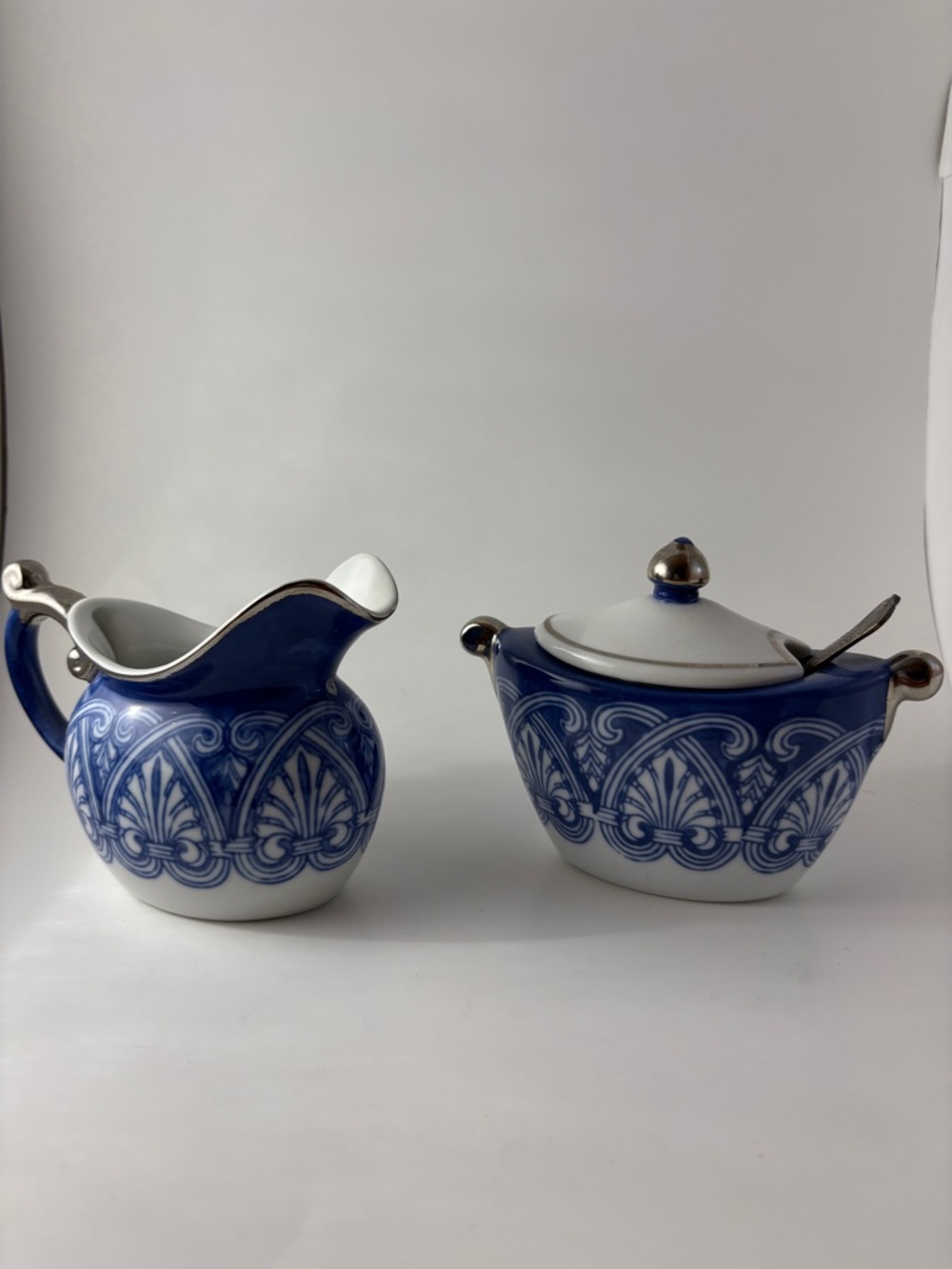 Bombay Blue & White Ceramic Creamer and Covered Sugar Bowl Set
